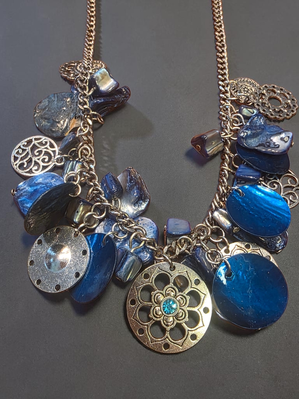 New Blue Abalone Shell & Filigree Charm Statement Necklace